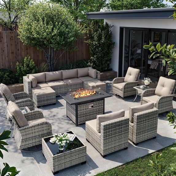 16-Piece Outdoor Patio Furniture Set with Rocking Swivel Chair, Wicker Rattan Sectional Sofa Conversation Set with 55,000 BTU Fire Pit Table with Ottomans, Backyard Furniture,Beige