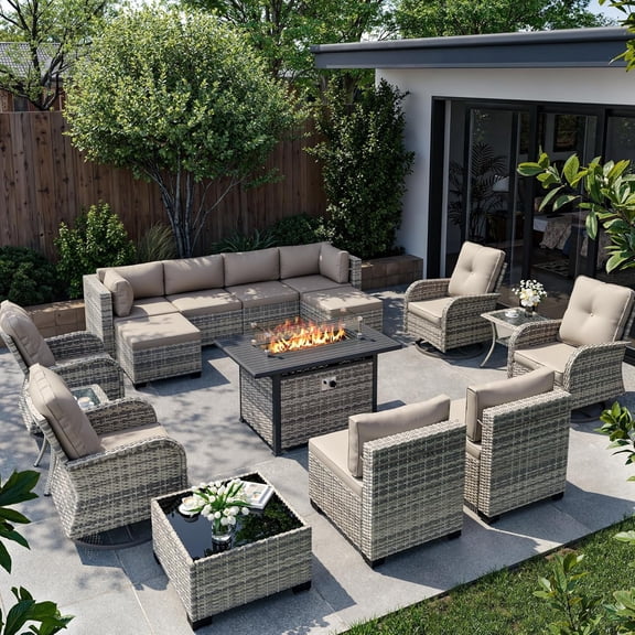 16-Piece Outdoor Patio Furniture Set with Rocking Swivel Chair, Wicker Rattan Sectional Sofa Conversation Set with 55,000 BTU Fire Pit Table with Ottomans, Backyard Furniture,Beige