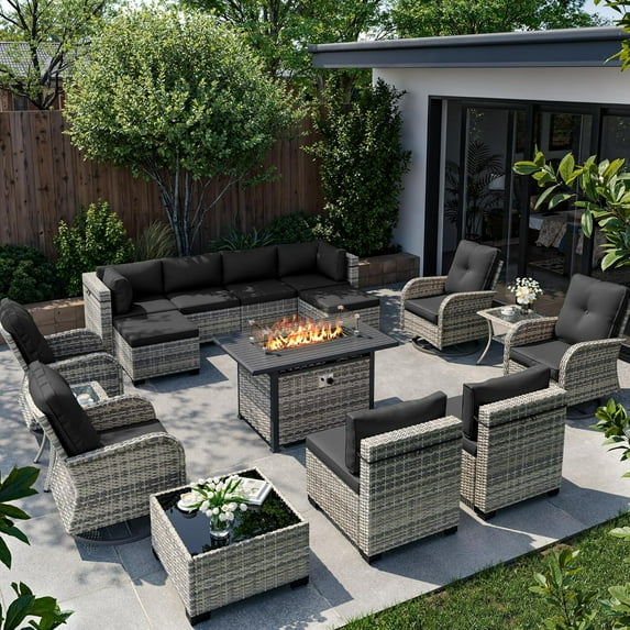 16-Piece Outdoor Patio Furniture Set with Rocking Swivel Chair, Wicker Rattan Sectional Sofa Conversation Set with 55,000 BTU Fire Pit Table with Ottomans, Backyard Furniture,Dark Grey