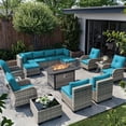 thumbnail image 1 of 16-Piece Outdoor Patio Furniture Set with Rocking Swivel Chair, Wicker Rattan Sectional Sofa Conversation Set with 55,000 BTU Fire Pit Table with Ottomans, Backyard Furniture,Turquoise, 1 of 8