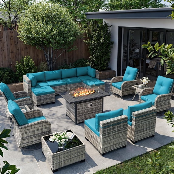 16-Piece Outdoor Patio Furniture Set with Rocking Swivel Chair, Wicker Rattan Sectional Sofa Conversation Set with 55,000 BTU Fire Pit Table with Ottomans, Backyard Furniture,Turquoise