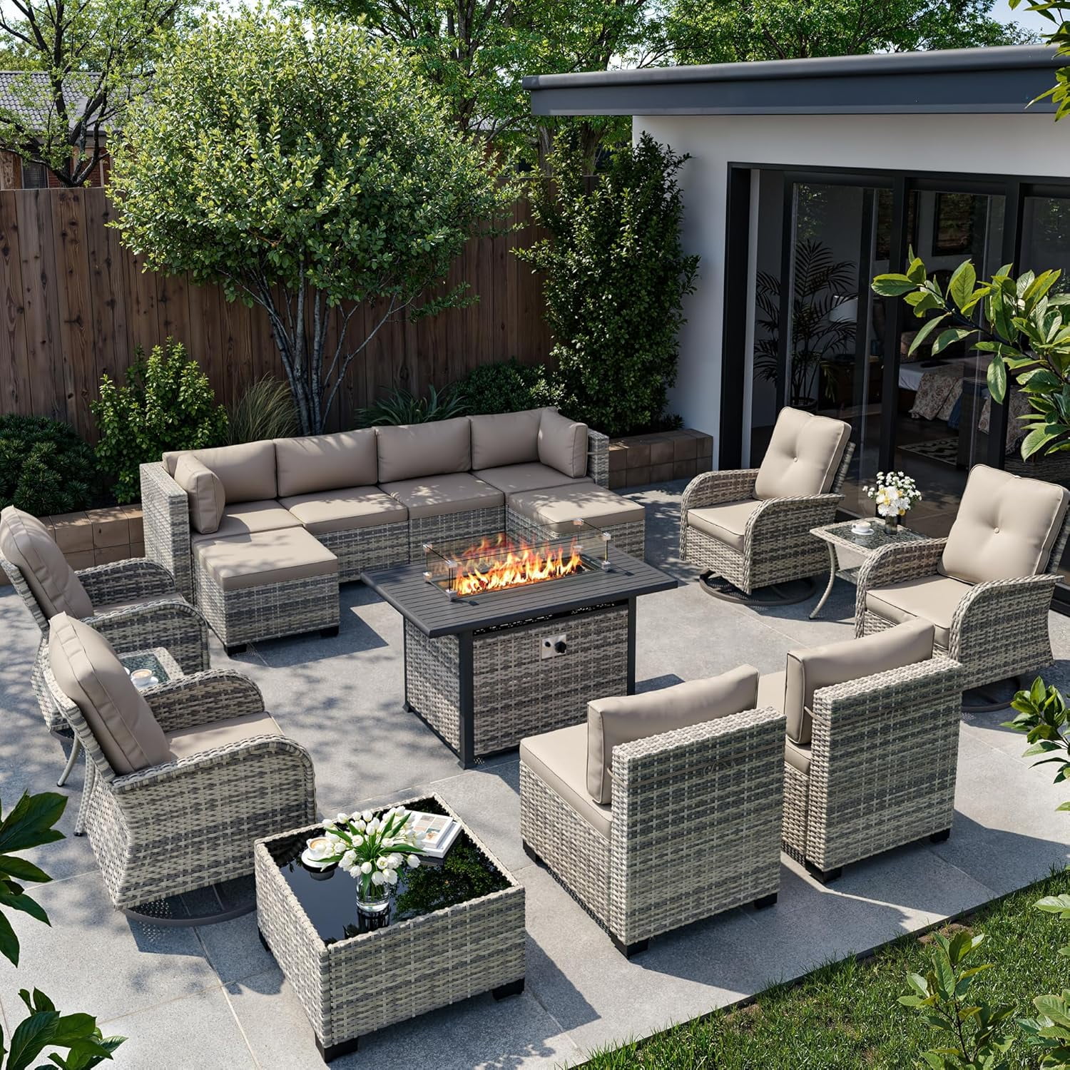 16-Piece Outdoor Patio Furniture Set with Rocking Swivel Chair, Wicker Rattan Sectional Sofa Conversation Set with 55,000 BTU Fire Pit Table with Ottomans, Backyard Furniture,Beige