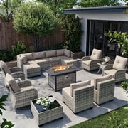 16-Piece Outdoor Patio Furniture Set with Rocking Swivel Chair, Wicker Rattan Sectional Sofa Conversation Set with 55,000 BTU Fire Pit Table with Ottomans, Back