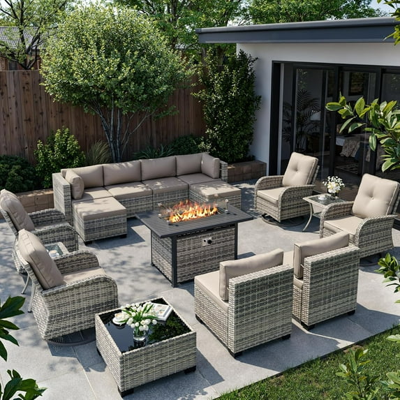 16-Piece Outdoor Patio Furniture Set with Rocking Swivel Chair, Wicker Rattan Sectional Sofa Conversation Set with 55,000 BTU Fire Pit Table with Ottomans, Backyard Furniture,Beige