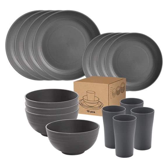16 Piece Plastic Dinnerware Set for 4, Bowl Cup Plate Set Dinnerware for Home Kitchen, Complete Dinnerware for Home Kitchen Daily Use, Stackable Shatter Resistant Tableware for Small Family