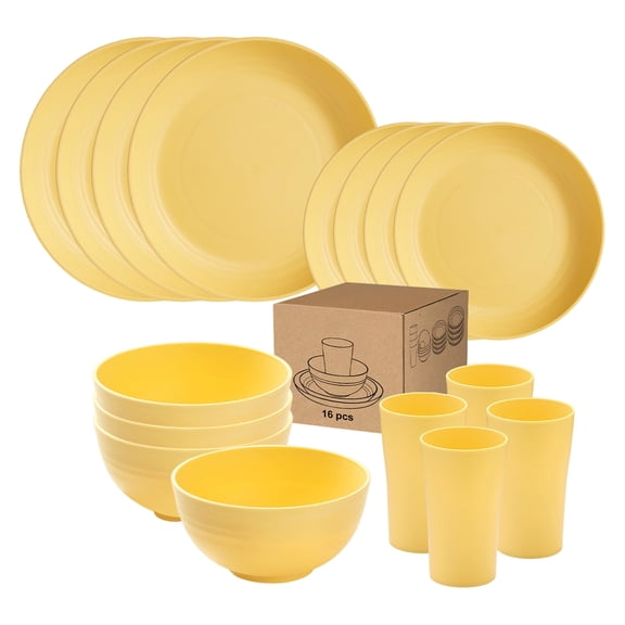 16 Piece Plastic Dinnerware Set Including Large Plates Small Plates Bowls and Cups Saffron Service for 4 People for Home Kitchen Dining Apartment Dormitory Outdoor Picnics