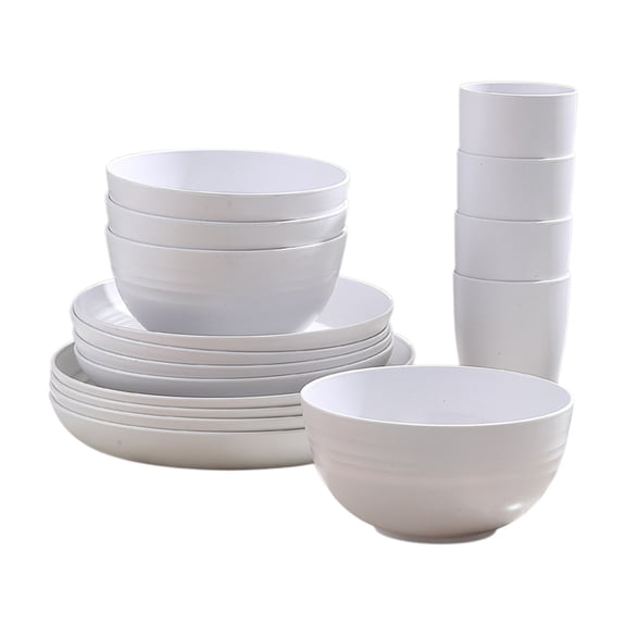 16-Piece Plastic Dinnerware Set, Unbreakable Plates Bowls Cups, Dishwasher Safe Melamine Tableware for Everyday Use, White and Gray