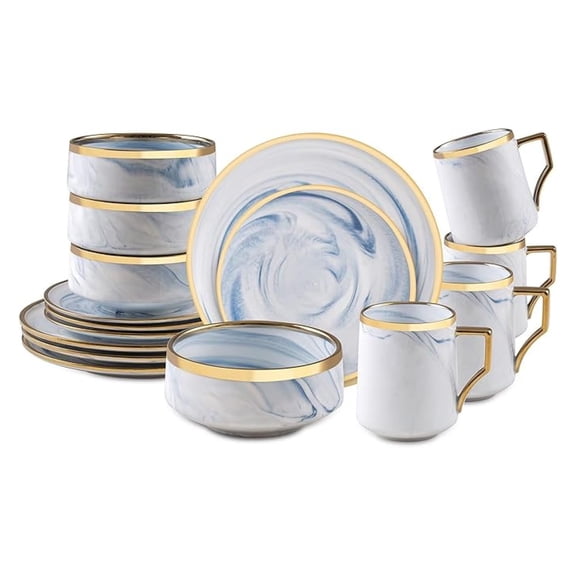 16 Piece Plates and Bowls Sets, Fine China Artisan Marbled Dinner Set for 4, Dishwahser Safe, Scratch Resistant, Blue with Line