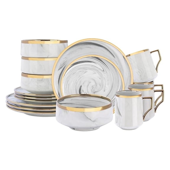 16 Piece Plates and Bowls Sets, Fine China Artisan Marbled Dinner Set for 4, Dishwahser Safe, Scratch Resistant, Grey with Line