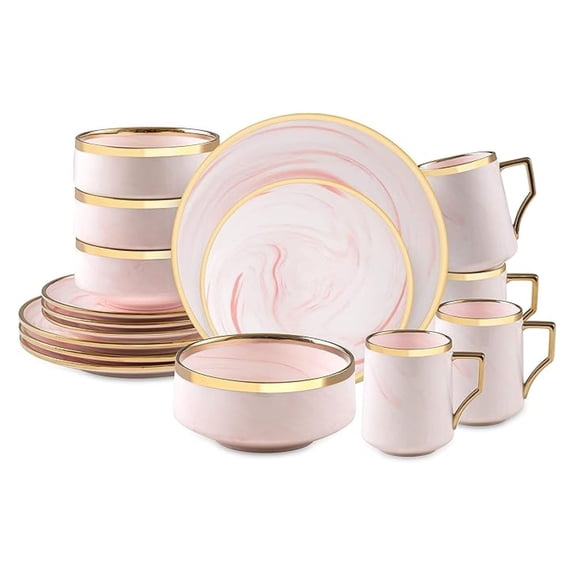 16 Piece Plates and Bowls Sets, Fine China Artisan Marbled Dinner Set for 4, Dishwasher Safe, Scratch Resistant, Pink with Line