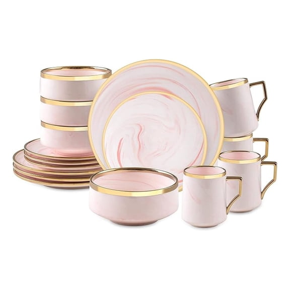 16 Piece Plates and Bowls Sets, Fine China Artisan Marbled Dinner Set for 4, Dishwasher Safe, Scratch Resistant, Pink with Line