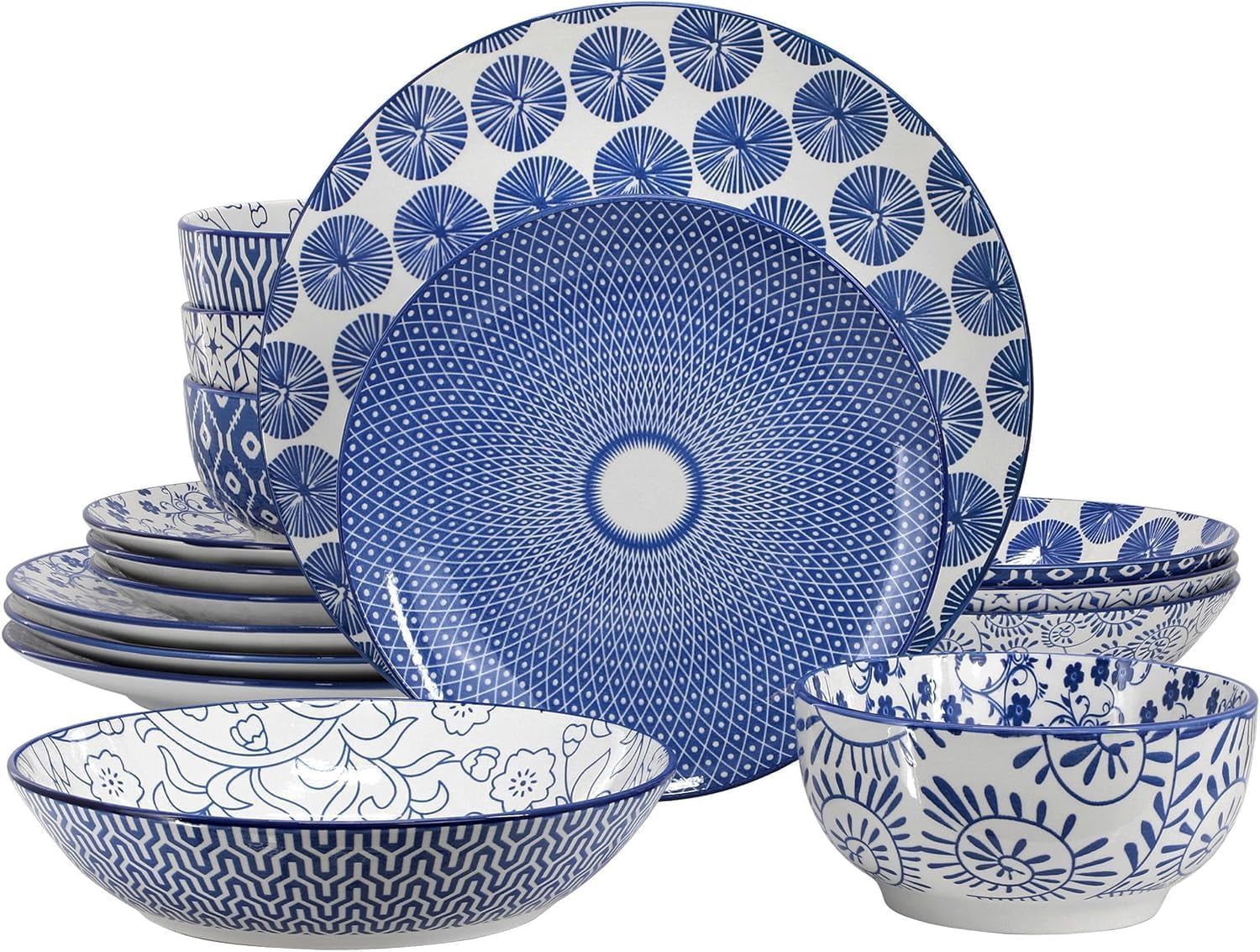 16 Piece Porcelain Dinnerware Set, Blue Assorted Dish Set for 4 with Double Bowls, Plates & Bowls, Microwave & Dishwasher Safe