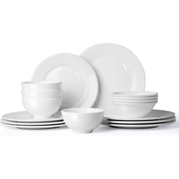 GSHLGAO 16-Piece Porcelain Dinnerware Set, Modern White Plates and Bowls Sets for 4 (PWT1602)