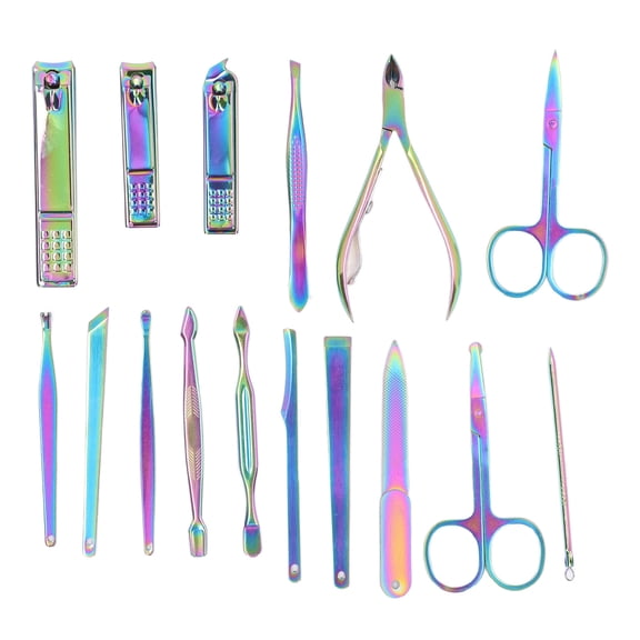 16-Piece Professional Stainless Steel Manicure Set and Pedicure Kit with Colorful Titanium Coating for Finger and Toenail Care (6.3 x 4.3 inches / 16 x 11 cm)