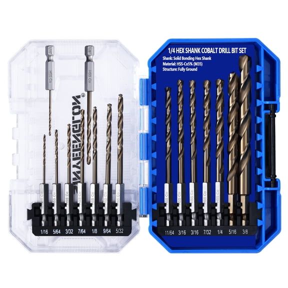 Hex Shank Cobalt Drill Bit Set 16Pcs 1/16"-3/8", M35 HSS Twist Impact Drill Bits for Metal and Hardened Steel, with Indexed Storage Case