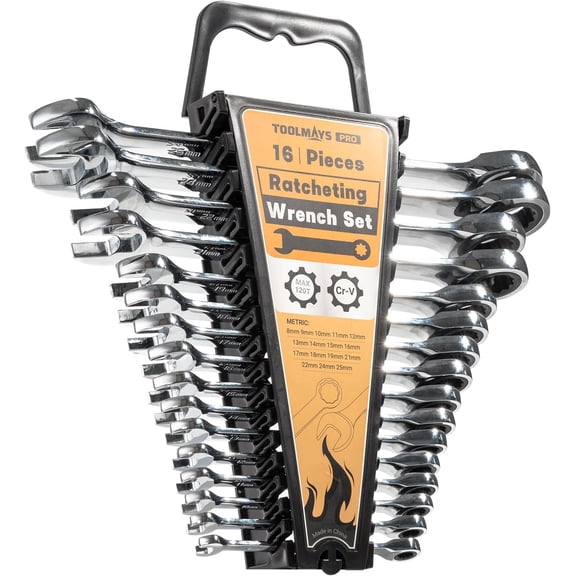 16-Piece Ratcheting Wrench Set, Combination Wrench Set, with Organizer, MM/Metric Max 120-tooth Chromium Vanadium Combination Wrench