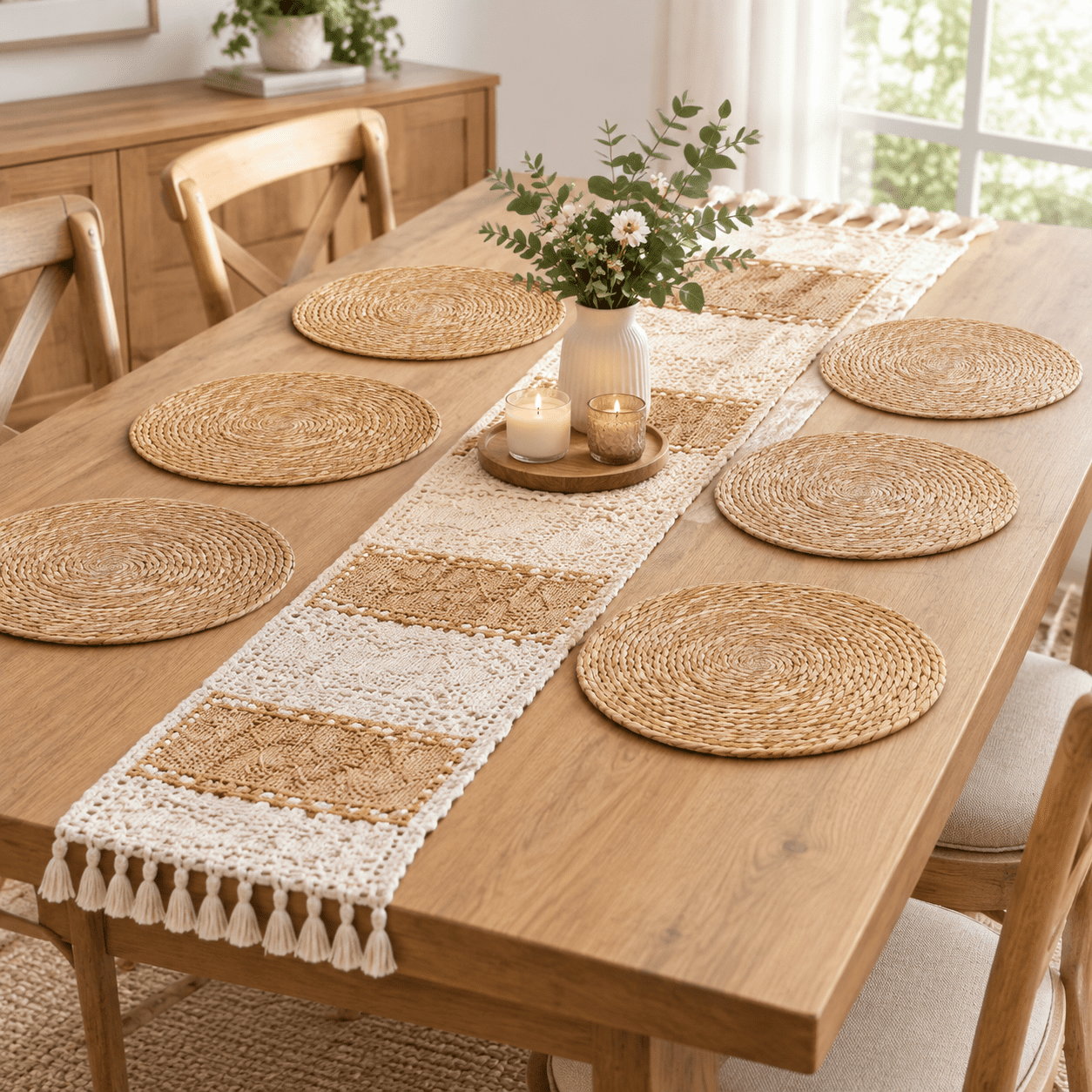 Rectangular Rattan Tables 16-Piece Rattan Round and Rectangular Braided Placemat Set for Dining ...