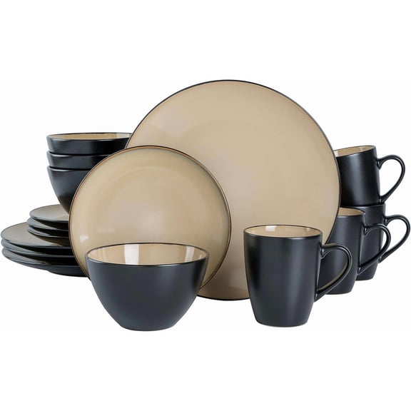 16-Piece Round Reactive Glaze Stoneware Dinnerware Set, Service for 4  Taupe Plates and Bowls