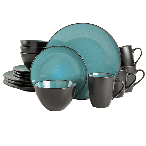 16-Piece Round Reactive Glaze Stoneware Dinnerware Set, Service for 4 Teal Plates and Bowls