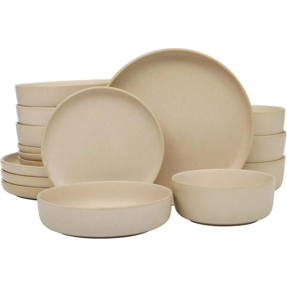 16 Piece (Service for 4) Plates and Bowls Double Bowl Reactive Glaze Dishes Stoneware Ceramic Dinnerware Set - Cream