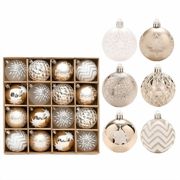 16 Piece Set Champagne Gold Christmas Tree Ornaments Plastic Material Festive Decor For Holiday Display Measuring 3 Inches Diameter
