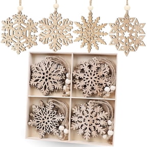 16-Piece Set of White Snowflake Ornaments: 3-Inch Wooden Snowflake Christmas Ornaments for Winter Home, Tree, Garland, Christmas Decorations, and Holiday Crafts—8 Styles(Wood)