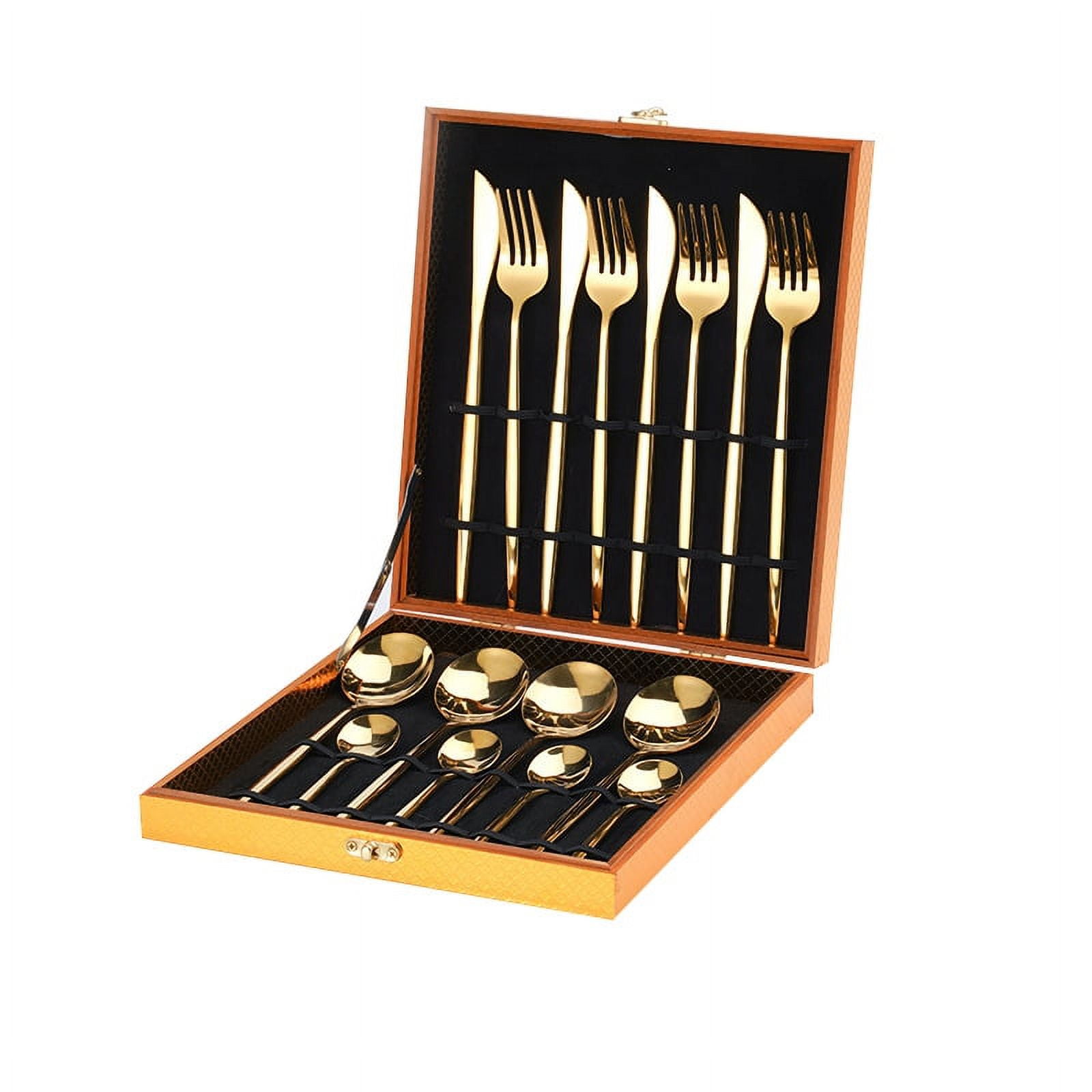 24-Pieces Stainless Steel Cutlery Set - Gold Black Flatware Set - Tableware Utensils with Steak ...