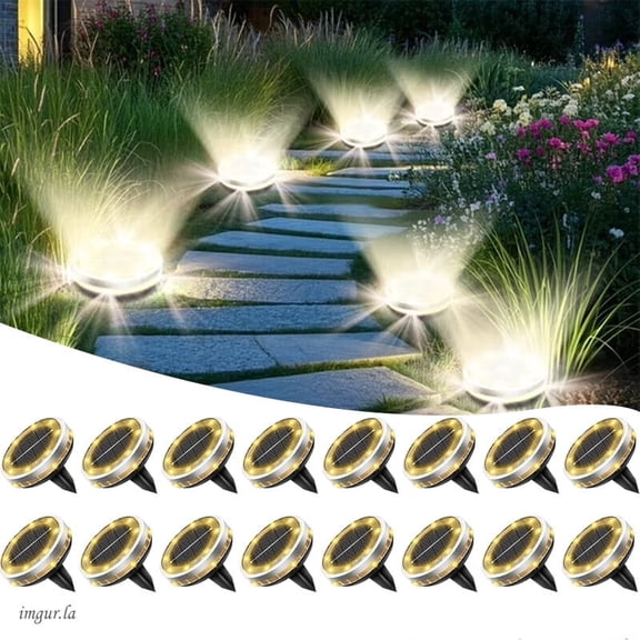 Solar Ground Lights Outdoor 16 Pack Waterproof Upgraded Flat Solar Garden Lights with 4 Side Light Stainless Steel Solar Powered Disc Light for Walkway Pathway Landscape Lawn Yard - Cool White