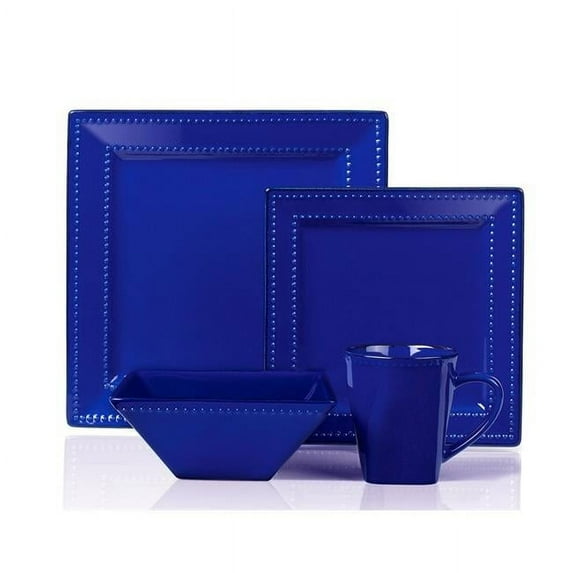 16 Piece Square Beaded Stoneware Dinnerware Set, Blue