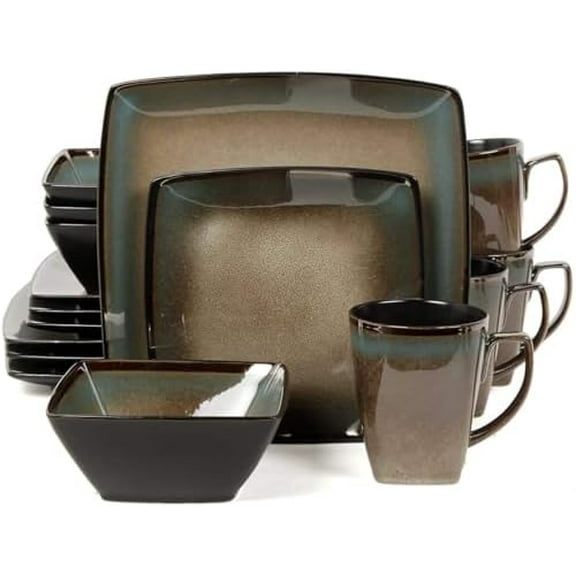 16 Piece Square Dinnerware Set Taupe Brown Solid Casual Stoneware Dishwasher