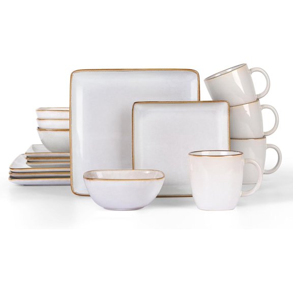 16 Piece Square Dinnerware Sets with Mugs, Stoneware Plates and Bowls Sets for 4, Ceramic Dishes Dishware Set for Kitchen Dining, Microwave & Dishwasher Safe, Pearl White