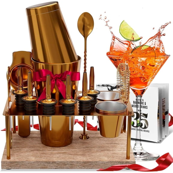16-Piece Stainless Steel Cocktail Shaker Bar Set, Silver Mixology Bartender Kit with 30oz Martini Shaker, Muddler, Jigger, Pourers & Cocktail Recipe Book