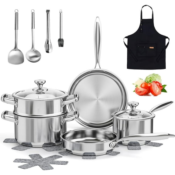 16-Piece Stainless Steel Cookware Set Non Toxic, Kitchen Induction Pots and Pans with Glass Lids, Steamer, Utensil Sets, Pot Protectors & Apron, Oven & Dishwasher Safe, Silver