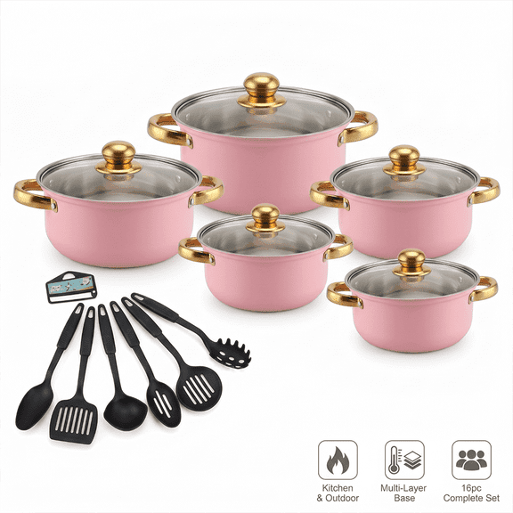 16-Piece Stainless Steel Cookware Set, Pink, Glass Lids, Gold Handles, Utensils