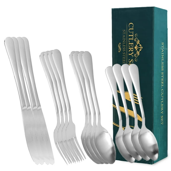 16-Piece Stainless Steel Silverware Flat Ware Cutlery Set Mirror Finished Dishwasher Safe with the Forks, Spoons, and Knives Tableware Kitchen or Silverware Set