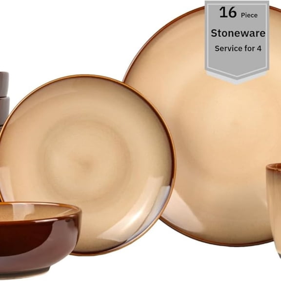 16-Piece Stoneware Dinnerware Set for 4, Reactive Glaze on Earthy Brown Plates and Bowls Sets, Ceramic Dish Set, Glossy Dishes & Coffee Mugs for Daily Dining, Microwave & Dishwasher ,