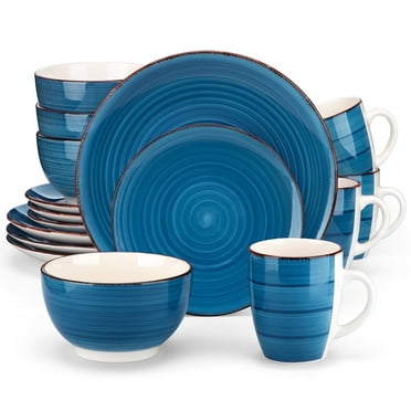 16-Piece Stoneware Dinnerware Set, Blue Dinner Set, Service for 4