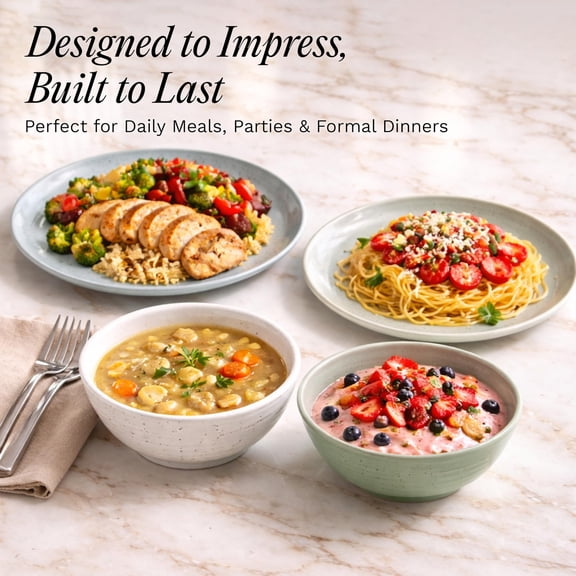 16-Piece Stoneware Dinnerware Set - Service for 4, Ceramic Plates and Bowls Sets, Chip Resistant, Rustic Dishware, Microwave & Dishwasher Safe Kitchen Dishes