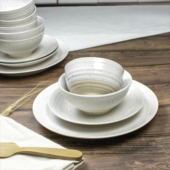 16-Piece Stoneware Dinnerware Set - Service for 4, Ceramic Plates and Bowls Sets, Chip Resistant, Rustic Dishware, Microwave & Dishwasher Safe Kitchen Dishes