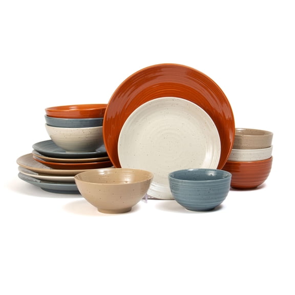 16-Piece Stoneware Dinnerware Set - Service for 4, Ceramic Plates and Bowls Sets, Chip Resistant, Rustic Dishware, Microwave & Dishwasher Safe Kitchen Dishes