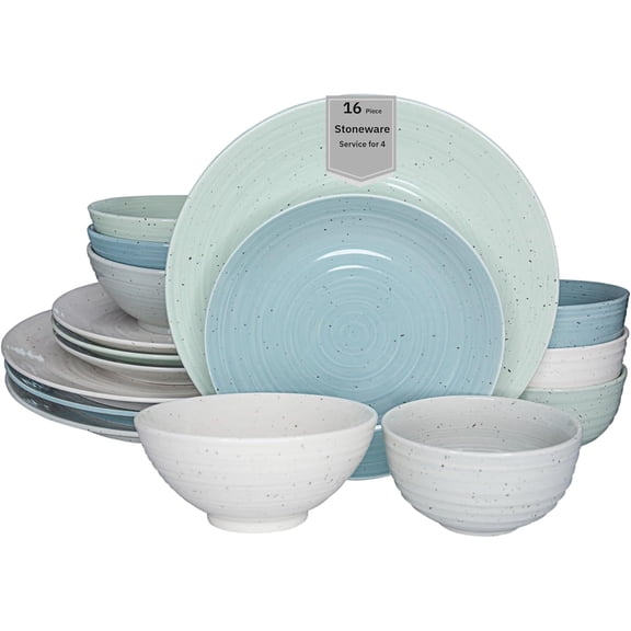 16-Piece Stoneware Dinnerware Set for 4, Aqua Blend, Glossy Speckled Ceramic Plates and Bowls, Microwave and Dishwasher Safe