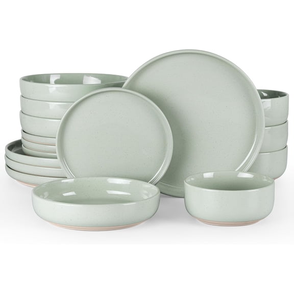 16-Piece Stoneware Dinnerware Set for 4 with Pasta Bowls Speckled Asparagus Green