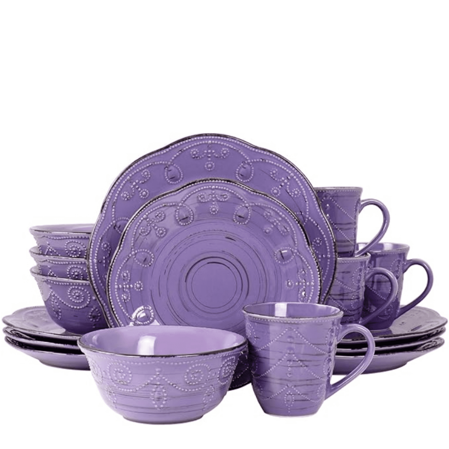 16 Piece Stoneware Dinnerware Set in Purple, Purple with Brown Accents ...