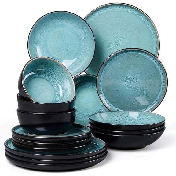 16-Piece Stoneware Dinnerware Set with Pasta Bowls for 4 Dishwasher and Microwave Safe Pastel Turquoise