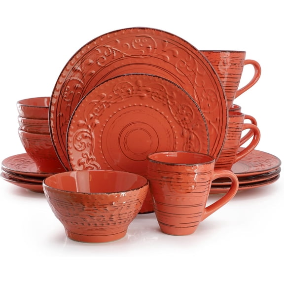 16-Piece Stoneware Embossed Reactive Glaze Dinnerware Set in Jasper Orange
