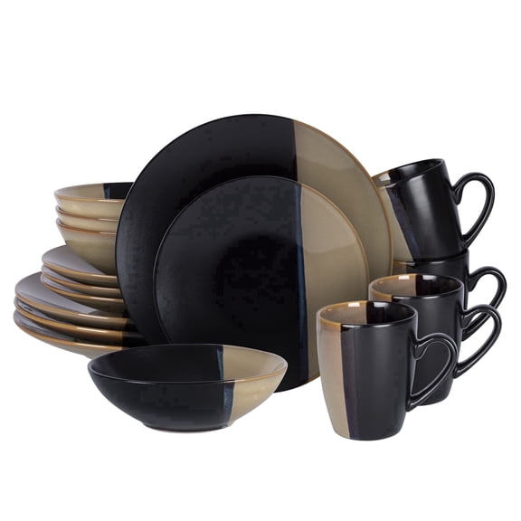 16 Piece Stoneware Round Dinnerware Set, Chip Resistant, Dinnerware Sets, Plates, Dishes, Bowls, Service for 4, Black Matte