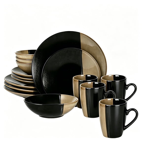 16 Piece Stoneware Round Dinnerware Set, Chip Resistant, Dinnerware Sets, Plates, Dishes, Bowls, Service for 4, Black Matte