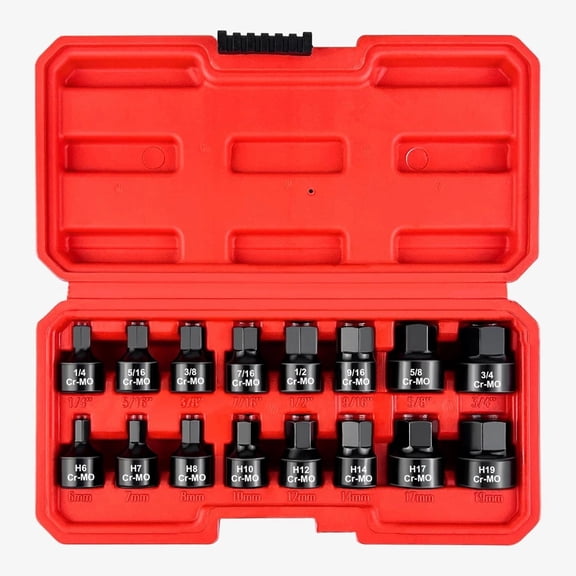 16-Piece Stubby Hex Bit Socket Set, 3/8-Inch Drive Low Profile Impact Hex Driver