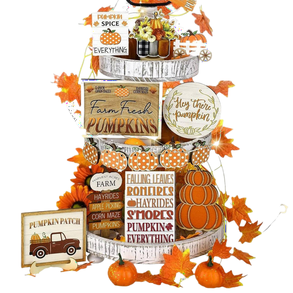 16-Piece Thanksgiving Fall Tiered Tray Decorations Set, Wooden Pumpkin Truck Tabletop Decor With Classic Farmhouse Elements, For Shelves Tables Fireplaces And More