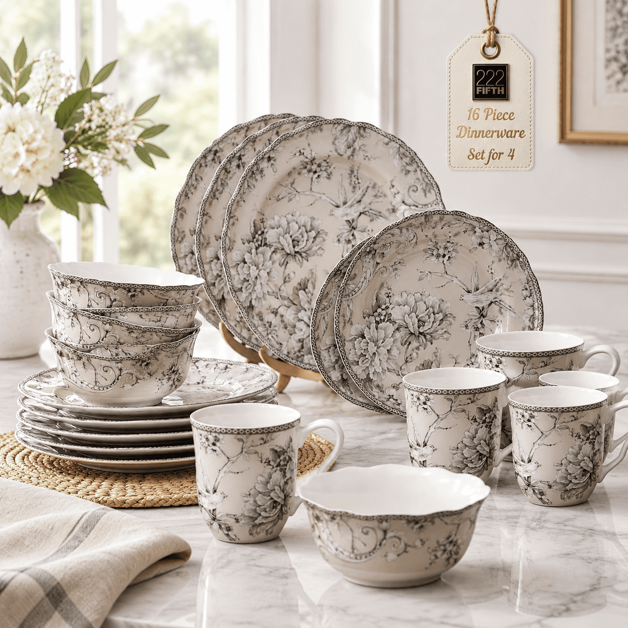 16-Piece Traditional Antique White Porcelain Dinnerware Set, Service ...